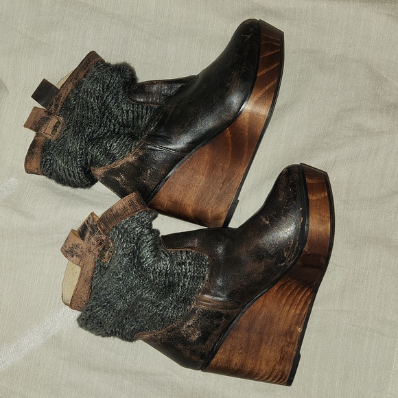 BED STU Bruges Wedge Booties Brown Distressed Leather Slouchy Knit Boots… - Picture 5 of 14